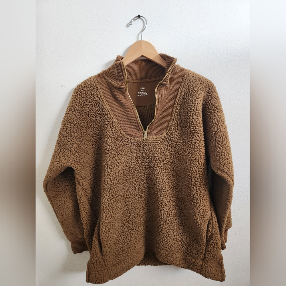 Aerie Women's Dream Sherpa Quarter Zip‎ Pullover Sweater Brown Small Oversized